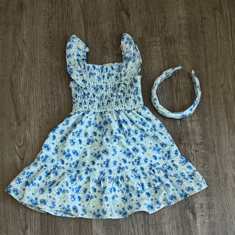 btween Blue Floral Kids Dress with Headband
